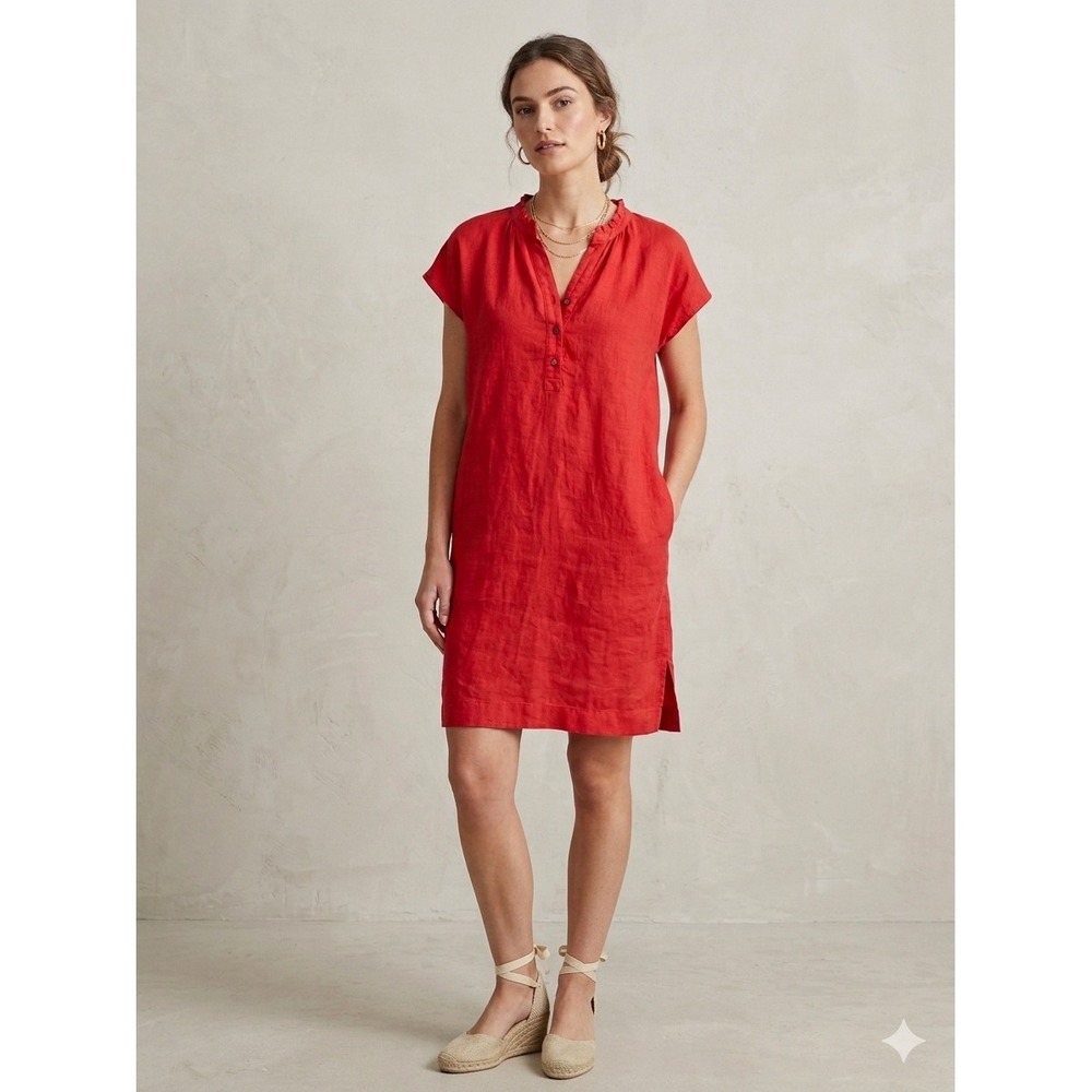 Mat de Misaine Red 100% Linen Ruffle Henley Shift Dress Side Pockets ROSARIO